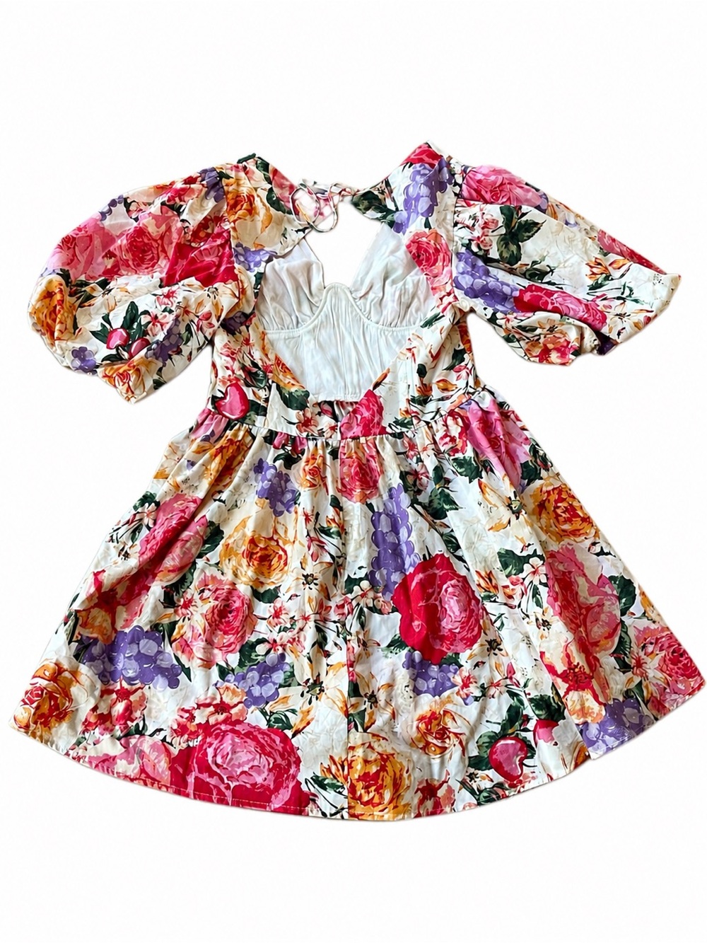 Buddy Love Floral Puff Sleeve Mini Dress L Cottagecore Scalloped Bust Boho - Picture 2 of 16